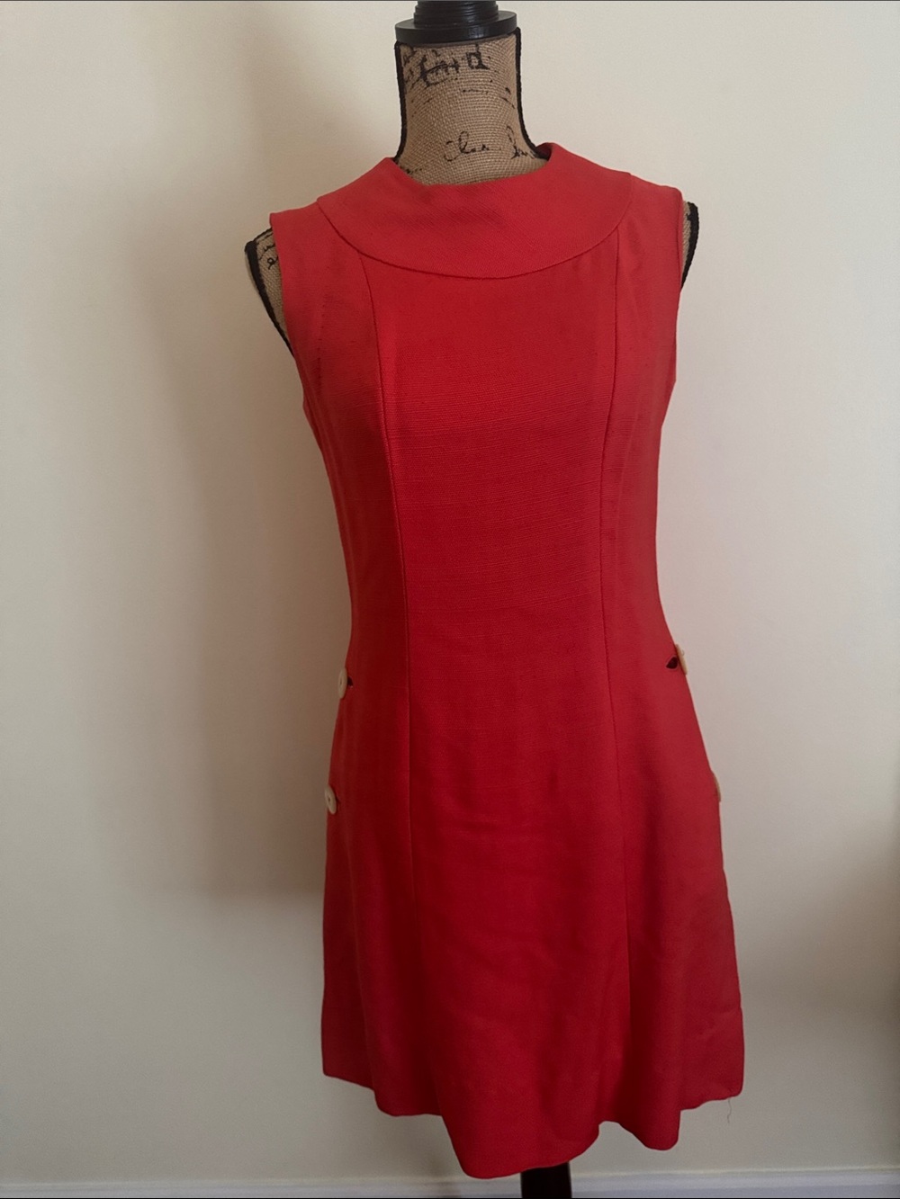 Vintage 60’s Sleeveless Orange-Red Mini Dress with Side Button Detail